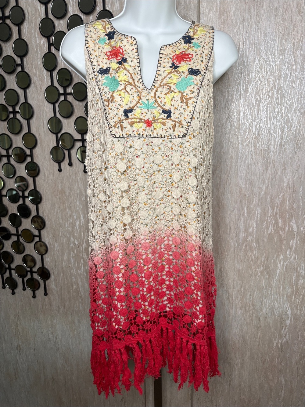 gimmicks by BKE Red Crochet Fringe Tunic with Floral Lining